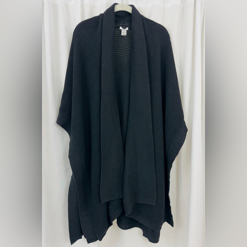 J.Jill -Black Rib Knit Waterfall Front, Open Arm Poncho Style Cardigan  One Size